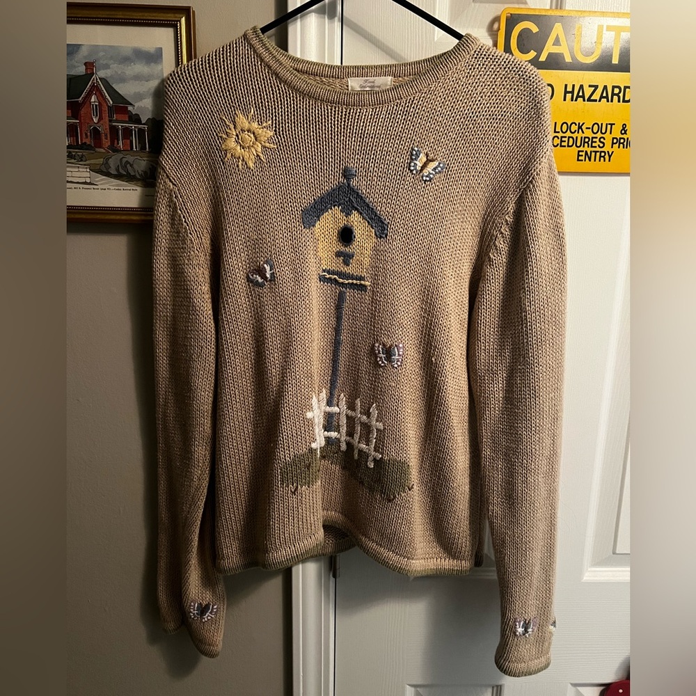 Women's Beige Sweater with Birdhouse Design, Christopher & Banks, Large